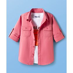Pine Kids Cotton Woven Full Sleeves Solid Color Shirt With Text Printed T-Shirt - Light Red & White