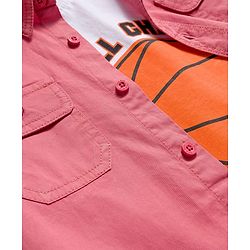 Pine Kids Cotton Woven Full Sleeves Solid Color Shirt With Text Printed T-Shirt - Light Red & White