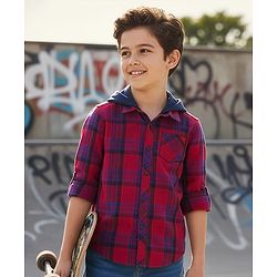 Pine Kids Cotton Woven Full Sleeves Hooded Shirt With Checks - Red