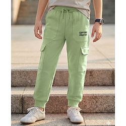 Pine Kids Cotton Knit Full Length Lounge Pant With Text Print & Cargo Pockets - Light Green