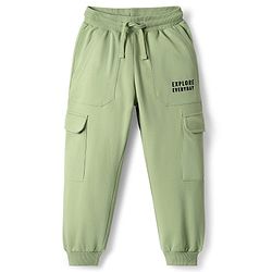 Pine Kids Cotton Knit Full Length Lounge Pant With Text Print & Cargo Pockets - Light Green
