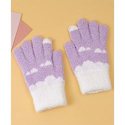 Pine Kids Fur Gloves With Clouds Design - Purple & White
