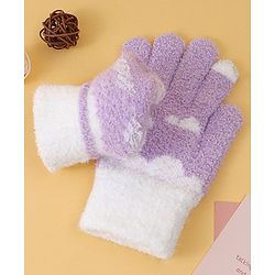 Pine Kids Fur Gloves With Clouds Design - Purple & White