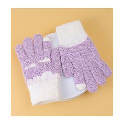 Pine Kids Fur Gloves With Clouds Design - Purple & White