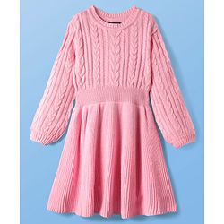 Pine Kids Knit Full Sleeves Woolen Dress  with Cable Knit Design - Pink