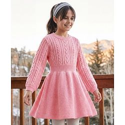 Pine Kids Knit Full Sleeves Woolen Dress  with Cable Knit Design - Pink