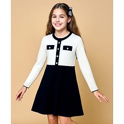 Pine Kids Knit Full Sleeves Solid Color Woolen Dress - Black & White