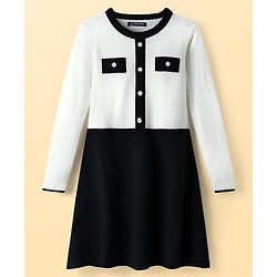Pine Kids Knit Full Sleeves Solid Color Woolen Dress - Black & White