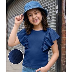 Pine Kids Cotton Knit Half Sleeves Top with Frill Detailing - Navy Blue