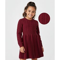 Pine Kids Knit Full Sleeves Woolen Dress  with Cable Knit Design - Maroon