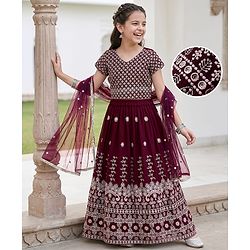 Pine Kids Woven Half Sleeves Choli Lehenga & Dupatta Set Floral Embriodery & Lace Detailing - Wine