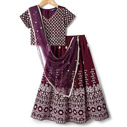 Pine Kids Woven Half Sleeves Choli Lehenga & Dupatta Set Floral Embriodery & Lace Detailing - Wine