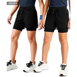 Pine Active Ultra Light Woven Above Knee Length Solid Color Shorts with High Stretch Inner Tights - Black