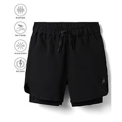 Pine Active Ultra Light Woven Above Knee Length Solid Color Shorts with High Stretch Inner Tights - Black