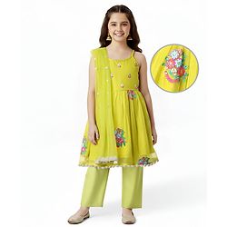 Pine Kids Woven Sleeveless Kurta Salwar Set With Floral Embroidery & Dupatta - Lime Green