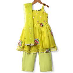 Pine Kids Woven Sleeveless Kurta Salwar Set With Floral Embroidery & Dupatta - Lime Green
