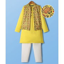 Pine Kids Cotton Woven Full Sleeves Kurta Pyjama Set with Jacket Floral Print - Yellow