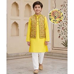 Pine Kids Cotton Woven Full Sleeves Kurta Pyjama Set with Jacket Floral Print - Yellow