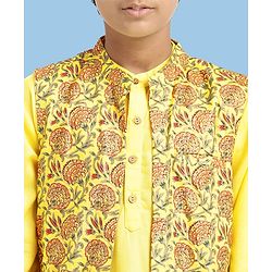 Pine Kids Cotton Woven Full Sleeves Kurta Pyjama Set with Jacket Floral Print - Yellow