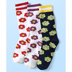 Pine Kids Cotton Knit Ankle Length Socks with Floral Design Pack of 3 (Color May Vary)