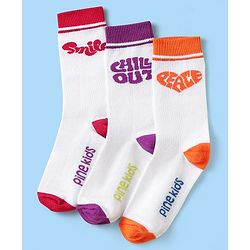 Pine Kids Knit Ankle Length Silvadur Antimicrobial Socks with Chill Out Design Pack of 3 - White Purple & Orange