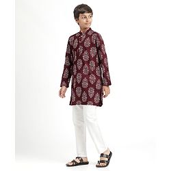 Pine Kids Cotton Woven Full Sleeves Kurta Pajama With Floral Print - Maroon & White