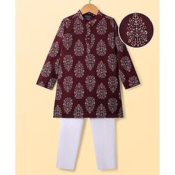 Pine Kids Cotton Woven Full Sleeves Kurta Pajama With Floral Print - Maroon & White