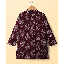 Pine Kids Cotton Woven Full Sleeves Kurta Pajama With Floral Print - Maroon & White