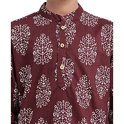 Pine Kids Cotton Woven Full Sleeves Kurta Pajama With Floral Print - Maroon & White