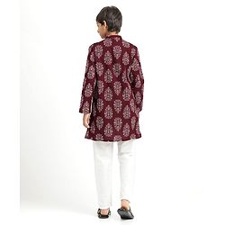 Pine Kids Cotton Woven Full Sleeves Kurta Pajama With Floral Print - Maroon & White