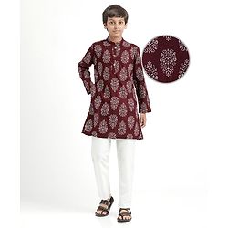 Pine Kids Cotton Woven Full Sleeves Kurta Pajama With Floral Print - Maroon & White