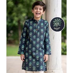 Pine Kids Cotton Woven Full Sleeves Kurta With Floral Print - Navy Blue