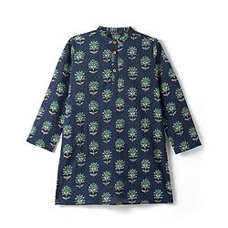 Pine Kids Cotton Woven Full Sleeves Kurta With Floral Print - Navy Blue