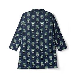 Pine Kids Cotton Woven Full Sleeves Kurta With Floral Print - Navy Blue