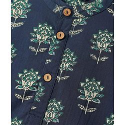 Pine Kids Cotton Woven Full Sleeves Kurta With Floral Print - Navy Blue