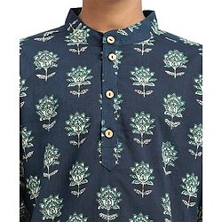 Pine Kids Cotton Woven Full Sleeves Kurta With Floral Print - Navy Blue