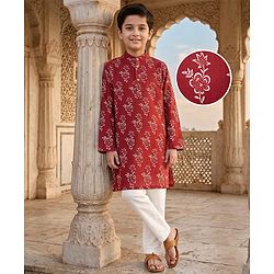 Pine Kids Cotton Woven Full Sleeves Kurta Pyjama Set Floral Print - Maroon