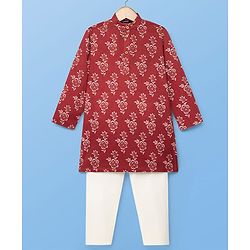 Pine Kids Cotton Woven Full Sleeves Kurta Pyjama Set Floral Print - Maroon