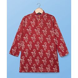 Pine Kids Cotton Woven Full Sleeves Kurta Pyjama Set Floral Print - Maroon