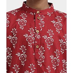 Pine Kids Cotton Woven Full Sleeves Kurta Pyjama Set Floral Print - Maroon
