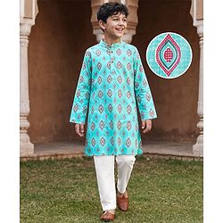 Pine Kids Cotton Woven Full Sleeves Kurta Pajama Set with Ethnic Motif Print - Aqua Blue & White