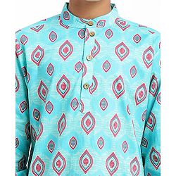 Pine Kids Cotton Woven Full Sleeves Kurta Pajama Set with Ethnic Motif Print - Aqua Blue & White