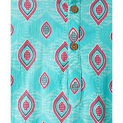 Pine Kids Cotton Woven Full Sleeves Kurta Pajama Set with Ethnic Motif Print - Aqua Blue & White
