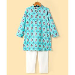Pine Kids Cotton Woven Full Sleeves Kurta Pajama Set with Ethnic Motif Print - Aqua Blue & White
