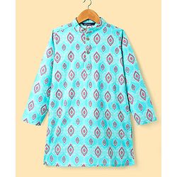 Pine Kids Cotton Woven Full Sleeves Kurta Pajama Set with Ethnic Motif Print - Aqua Blue & White