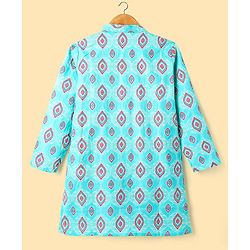 Pine Kids Cotton Woven Full Sleeves Kurta Pajama Set with Ethnic Motif Print - Aqua Blue & White