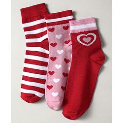 Pine Kids Knit Ankle Length Silvadur Antimicrobial Socks with Strips & Heart Design Pack of 3 - Red & Pink