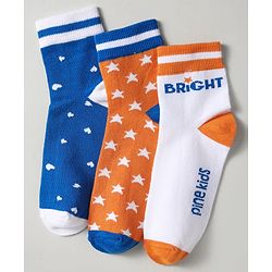 Pine Kids Knit Ankle Length Silvadur Antimicrobial Socks with Heart Star & Text Design Pack of 3 - Blue Orange & White