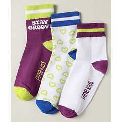 Pine Kids Knit Ankle Length Silvadur Antimicrobial Socks with Heart & Text Design Pack of 3 - Plum & White