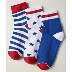 Pine Kids Knit Ankle Length Silvadur Antimicrobial Socks with Strips & Star Design Pack of 3 - Red Blue & White